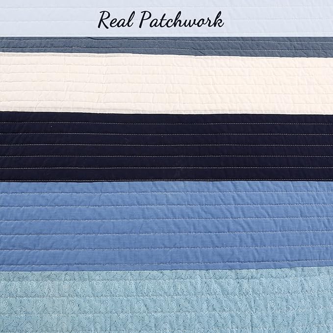 Cozy Line Home Fashions Navy Blue Striped Boy 100% Cotton Reversible Quilt Bedding Set, All-Season Coverlet Bedspread (Preston, Queen - 3 Piece)