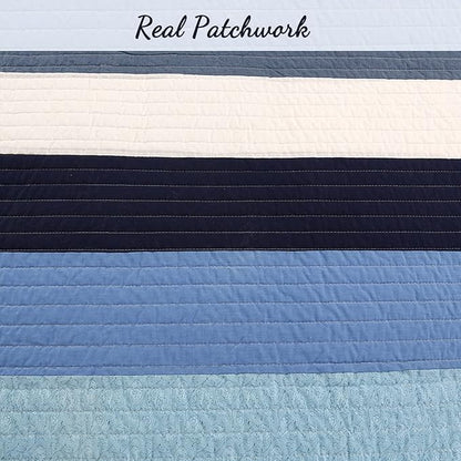 Cozy Line Home Fashions Navy Blue Striped Boy 100% Cotton Reversible Quilt Bedding Set, All-Season Coverlet Bedspread (Preston, Twin - 2 Piece)