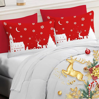 YIYEA Christmas King Size Pillow Cases Set of 4, Ultra Soft Double Brushed Microfiber Red Pillowcases and Christmas Pillow Covers, Envelope Closure, Fade Resistant (20"x36")
