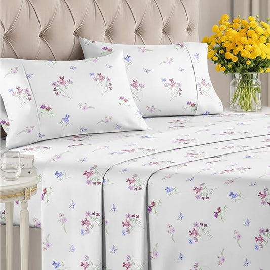Floral Sheets - Butterfly Floral Bed Sheet Set - 1 Flat, 1 Fitted & 2 Pillowcases w/ Deep Pockets - Comfy, Wrinkle & Fade Free - Boho Botanical Bedding - Soft, Breathable and Cooling - Full Size Set