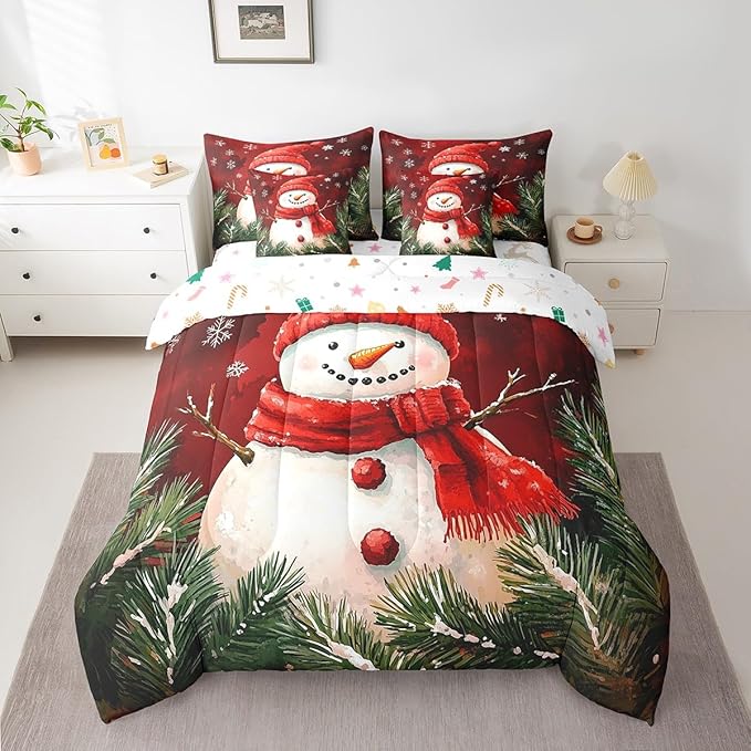 Castle Fairy Snowman with Red Scarf 7 Pieces Bedding Set Queen Bed in a Bag,Rustic Pine Leaves Botanical Plants Comforter Set,Geometric Snowflakes Red Tie Dyed Soft Warm Microfiber Bedding