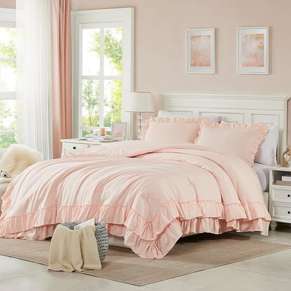 Cupocupa Blush Full Comforter Set, 3Pcs Ruffle Farmhouse Bedding Set with Comforter & Pillowcases, Soft Lightweight Fluffy Shabby Chic Comforter Set for All Season Use (Blush, F)