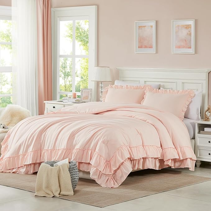 Cupocupa Beige Comforter Set – Twin XL Ruffle Farmhouse Bedding Set – Shabby Chic Fluffy Comforter for All Seasons – Includes Comforter & 1 Pillow Sham (Blush, Twin XL/Twin)