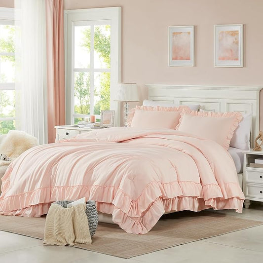 Cupocupa Beige Comforter Set – Twin XL Ruffle Farmhouse Bedding Set – Shabby Chic Fluffy Comforter for All Seasons – Includes Comforter & 1 Pillow Sham (Blush, Twin XL/Twin)