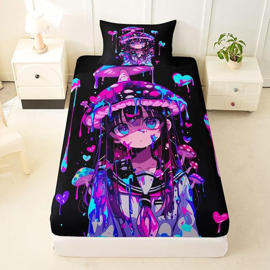 Erosebridal Mushroom Girl Fitted Sheet Twin 3D Japanese Girly Bed Sheets for Boys Girls Watercolor Graffiti Bed Set Cute Anime Gifts Sheets with 1 Pillowcase