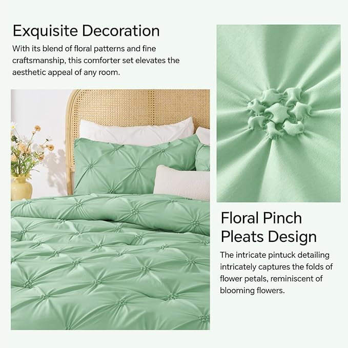 BEDELITE Sage Green Twin Comforter Set - 2 Peices Boho Pintuck Bedding Comforter Sets, Lightweight Soft & Warm Twin Bedding Sets with 1 Pillowcase for All Season