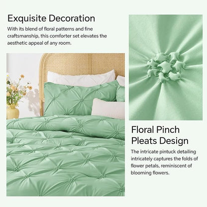 BEDELITE Sage Green King Size Comforter Set - 3 Pieces Boho Pintuck Bedding Comforter Sets, Lightweight Soft & Warm King Bedding Set with 2 Pillowcases for All Season