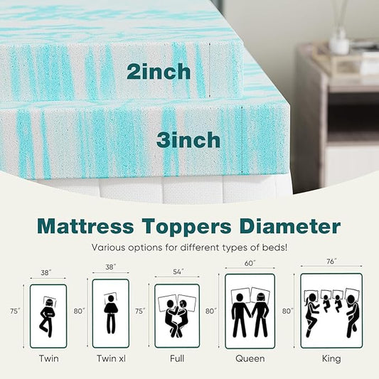 Sweetcrispy Mattress Topper Twin XL, Memory Foam 2 Inch Thick Gel Infused Cooling Toppers Pad for Twin XL Size Bed, Sleeper Sofa, RV, Camper, CertiPUR US, Breathable