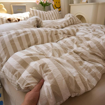EAVD Khaki Striped Duvet Cover King Soft Washed Microfiber Farmhouse Vertical Striped Bedding Set with 2 Pillowcases Modern Style Geometric Pattern Duvet Cover with Zipper Closure
