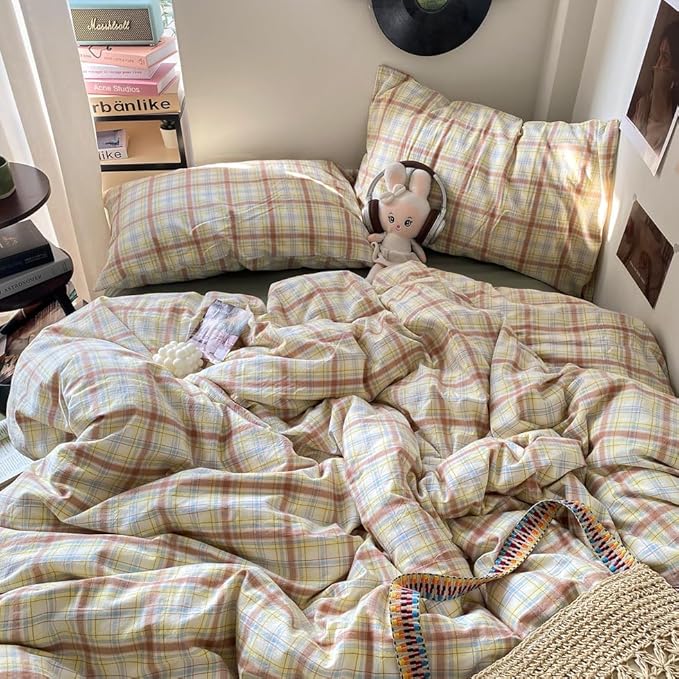 EAVD Vintage Style Buffalo Plaid Duvet Cover Twin Size 3 Pieces Grid Plaid Bedding Set Soft 100% Washed Cotton Aesthetic Gingham Duvet Cover with 2 Pillowcases Colorful Grid Checkered Bedding Set