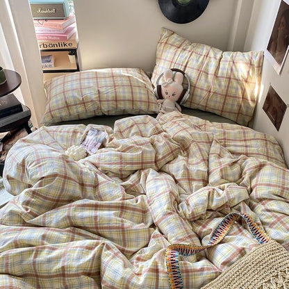 EAVD Vintage Style Buffalo Plaid Duvet Cover Twin Size 3 Pieces Grid Plaid Bedding Set Soft 100% Washed Cotton Aesthetic Gingham Duvet Cover with 2 Pillowcases Colorful Grid Checkered Bedding Set
