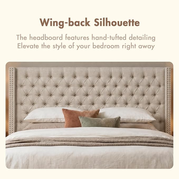 Madison Park Queen Wingback Upholstered Tufted Headboard, Featuring High-Density Sponge Padding, Adjustable Height Headboard, Easy Assembly, Beige Woven