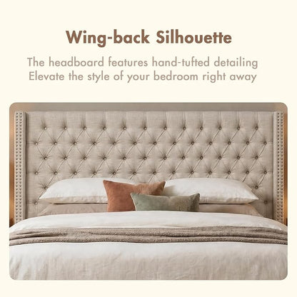 Madison Park Queen Wingback Upholstered Tufted Headboard, Featuring High-Density Sponge Padding, Adjustable Height Headboard, Easy Assembly, Beige Woven