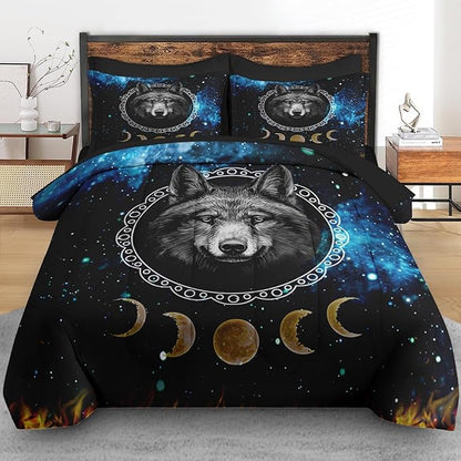 Comforter Set Twin Size, Wolf Animal Dog 5 Pcs Bedding for Kids and Adults, Starry Space Galaxy Bed Sheet Sets with Fitted Sheet Pillowcase & Sham for Bedroom Bed Decor