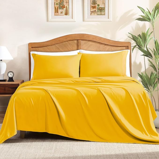 ClevaHome King Sheet Set, 4-Piece King Size Sheet Sets, Lightweight & Super Soft Easy Care Microfiber– Shrinkage & Fade Resistant Bedding Set with 14'' Deep Pockets (Mustard)