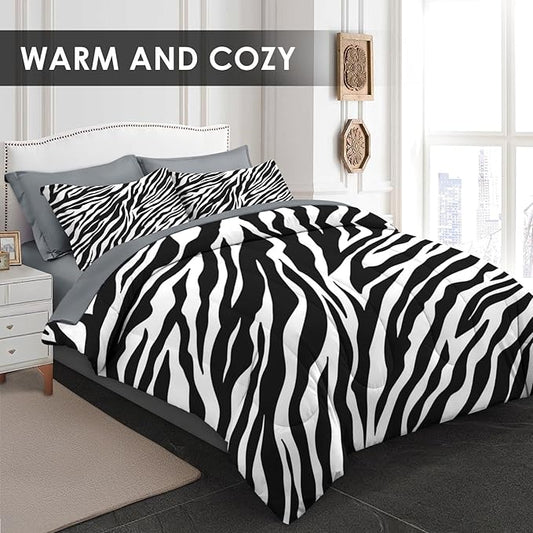 Comforter Set Queen Size, Zebra Stripe Animal 7 Pcs Bedding for Kids and Adults, Black White Bed Sheet Sets with Fitted Sheet 2 Pillowcases & 2 Shams for Bedroom Bed Decor