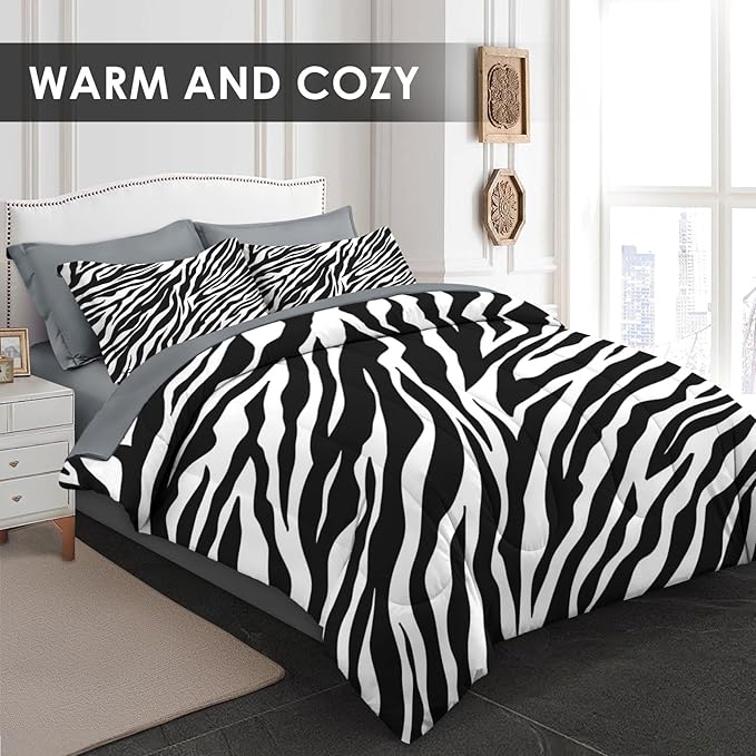Comforter Set King Size, Zebra Stripe Animal 7 Pcs Bedding for Kids and Adults, Black White Bed Sheet Sets with Fitted Sheet 2 Pillowcases & 2 Shams for Bedroom Bed Decor