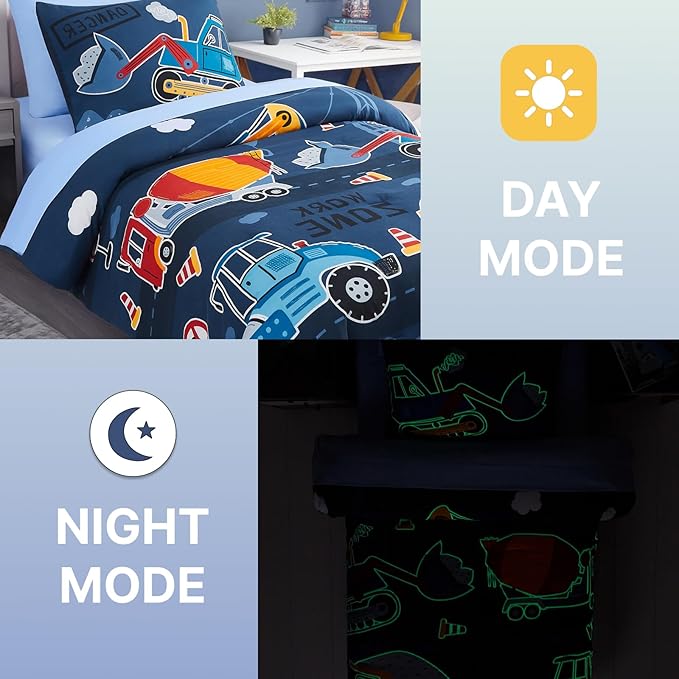 Twin Comforter Set for Boys-5 Pieces Truck Tractor Excavator Glow in the Dark Twin Bedding Sets for Kids, Ultra Soft Bed in A Bag with Sheets