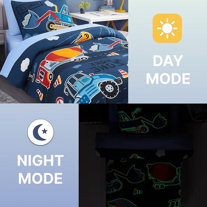 Twin Comforter Set for Boys-5 Pieces Truck Tractor Excavator Glow in the Dark Twin Bedding Sets for Kids, Ultra Soft Bed in A Bag with Sheets