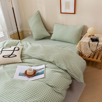 EAVD Blue Yellow Gingham Comforter Set Full Soft Mini Grid Plaid Checkered Pattern Bedding Set with 2 Pillowcases Modern Farmhouse Gingham Plaid Comforter Set for All-Season