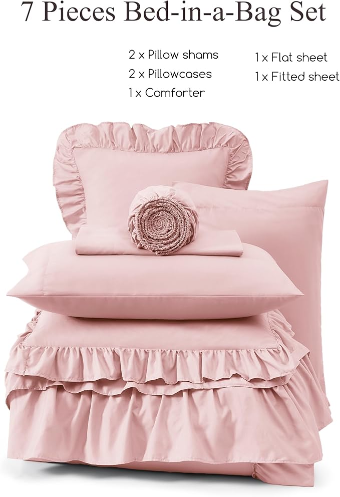 Full Comforter Set Soft Pink, Ruffle Shabby Chic Bedding Set Farmhouse 7 Pieces, All Season Fluffy Bed in a Bag with Sheets, Pillowcases & Shams