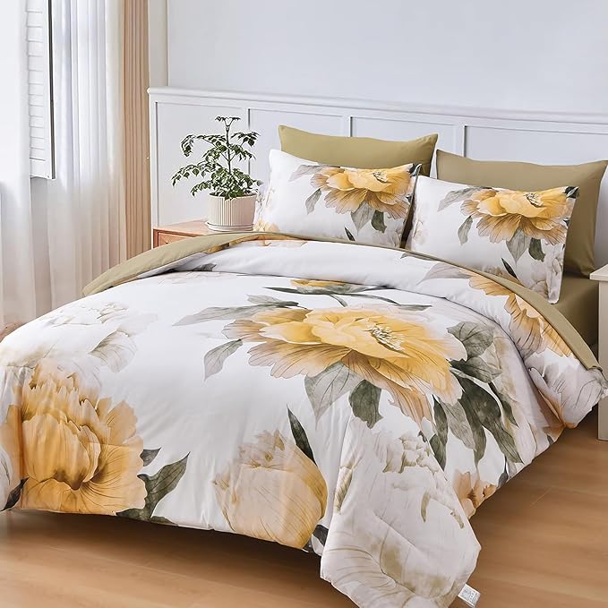 Dobuyly Yellow Comforter Set Queen Size 7 Piece Bed in a Bag, Yellow Floral Comforter Set with Sheets, Soft Microfiber Botanical Complete Bedding Set for All Season