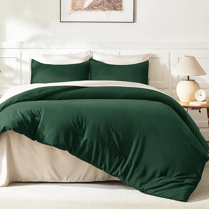 Litanika Dark Emerald Green Full Comforter Set, 3 Pieces Solid Forest Bedding Set, All Season Fluffy Bed Set (79x90In Comforter & 2 Pillowcases)