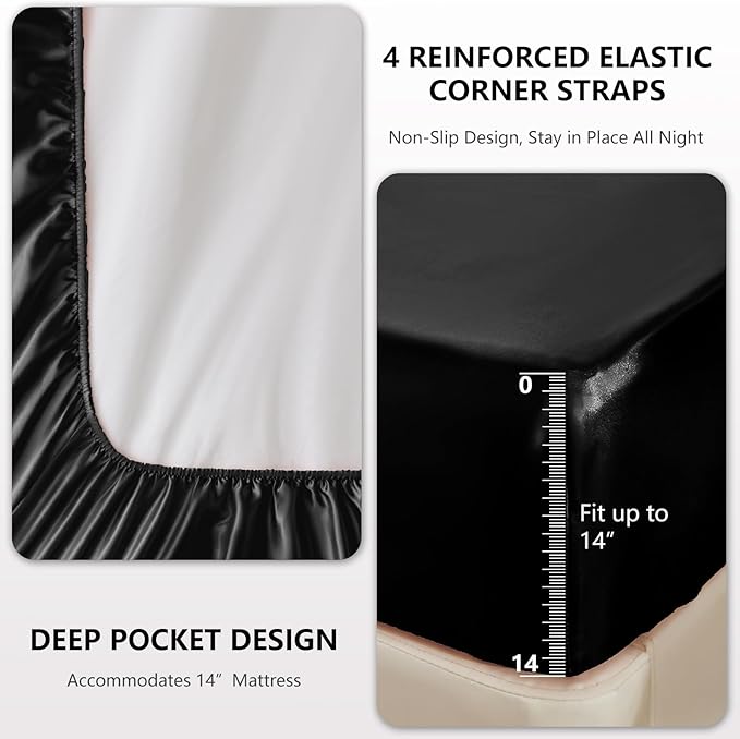 CozyLux Satin Sheets King Size Sheet Set - 4 Piece Silky King Sheets, Luxury Black King Bed Set with Smooth and Soft Microfiber, Includes 1 Fitted Sheet, 1 Flat Sheet and 2 Pillowcases