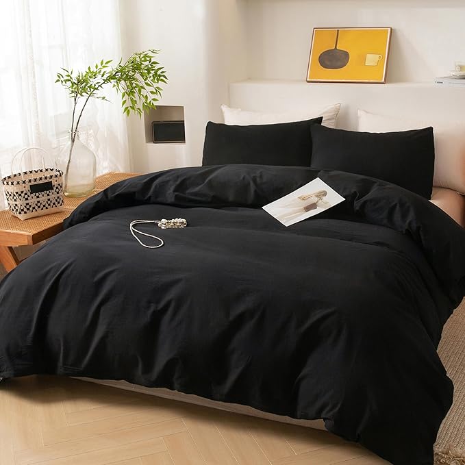ECOCOTT 3 Pieces Duvet Cover King Size 100% Washed Cotton 1 Duvet Cover with Zipper and 2 Pillowcases, Ultra Soft and Easy Care Breathable Cozy Simple Style Bedding Set (Black,King)