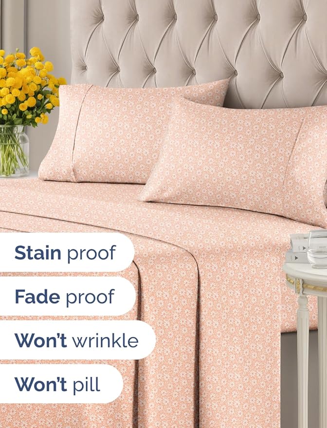 Floral Sheets - Pink & White Bed Sheet Set - 1 Flat, 1 Fitted & 1 Pillowcase w/ Deep Pockets - Comfy, Cozy, Wrinkle & Fade Free - Boho Botanical Bedding - Soft, Breathable & Cooling - Twin Size Set