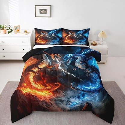 Feelyou Dragon Comforter Set Queen Size Dragon Stuff Comforter for Boys Girls Teens Wild Life Bedding Set Thunder and Lightning Duvet Set Room Decor Blue Orange Quilt Set