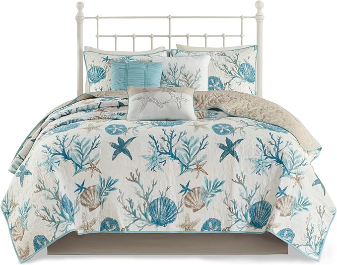 Madison Park Quilt Set Cottage Coastal Design, Starfish Print - All Season Lightweight Coverlet Bedding Layer, Shams, Toss Pillows, Pebble Beach, Aqua, Full/Queen(90 in x 90 in) 6 Piece