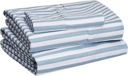 Amazon Basics Breathable, Brushed Microfiber Wrinkle Resistant 3 Piece Bed Sheet Set with 14-Inch Deep Pockets, Twin, Dusty Blue Pinstripe, Printed