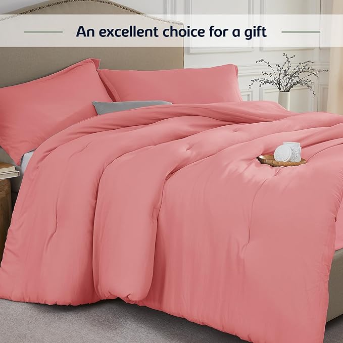 Oversized Queen Comforter Set Peach Pink, Extra Length Fit for Thick Mattresses,3PCS Bedding Comforter for All Season, Oversized Queen Size(98''×98'' Comforter & 2 Pillowcases)