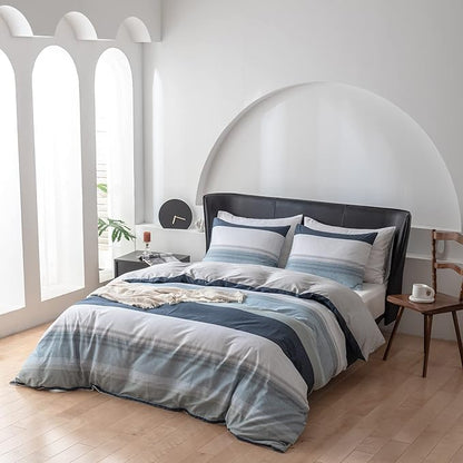EAVD Cotton Duvet Cover Twin XL White Grey Blue Striped Bedding Set with 2 Pillowcases Modern Geometric Striped Duvet Cover with Zipper Closure