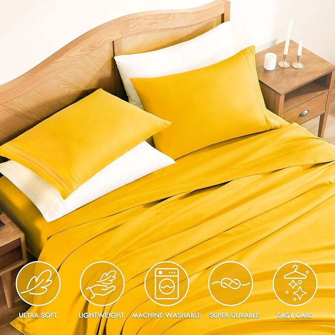 ClevaHome Full Sheet Set, 4-Piece Full Size Sheets, Lightweight & Super Soft Easy Care Microfiber– Shrinkage & Fade Resistant Bedding Set with 14'' Deep Pockets (Mustard)
