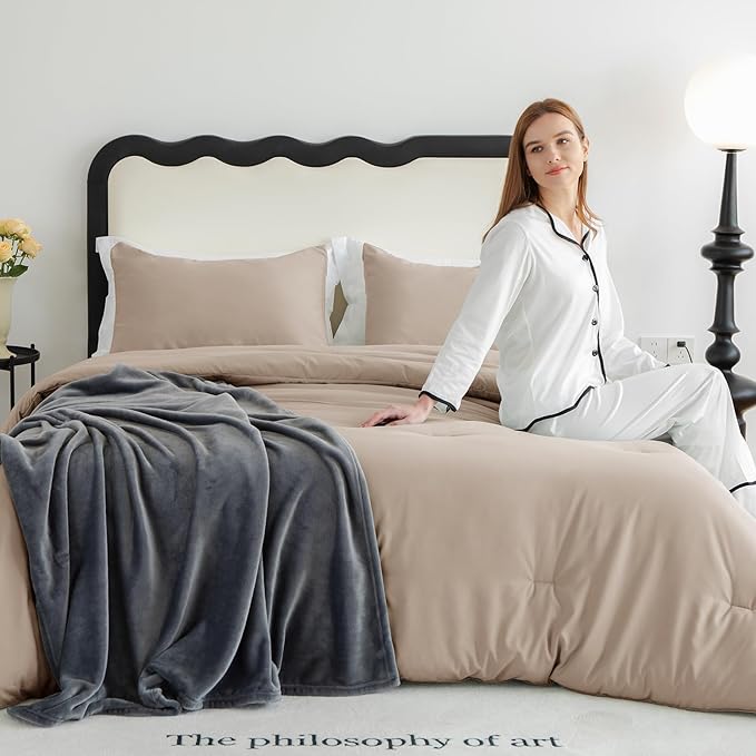 CozyLux Queen Comforter Set Wheat, 3 Pieces Solid Comforters Queen Size Breathable Quilted Bedding Sets, Luxury Soft Lightweight Bed Set with Down Alternative Comforter and 2 Pillowcases All Seasons