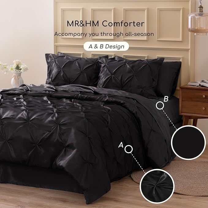 MR&HM Satin Comforter Full 7 Pieces - Luxurious Pinch Pleat Bedding Set with Comforter, Flat Sheet, Fitted Sheet, Pillowcases & Shams, Super Silky Soft Bed Set for All Season (Full, Black)
