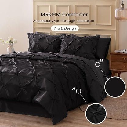 MR&HM Satin Comforter Full 7 Pieces - Luxurious Pinch Pleat Bedding Set with Comforter, Flat Sheet, Fitted Sheet, Pillowcases & Shams, Super Silky Soft Bed Set for All Season (Full, Black)