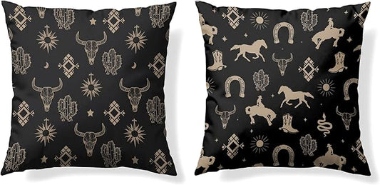Boho Western Cow Bull Longhorn Skull Pillow Cover 18 x 18 Set of 2,with Bohemian Aztec Pillow Cover,Westen Cow Skull Bedroom Decor,Cows Decorations for Home