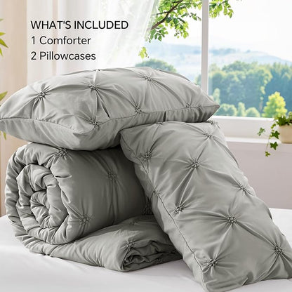 BEDELITE Grey Queen Comforter Set - 3 Pieces Boho Pintuck Bedding Comforter Sets, Lightweight Soft & Warm Bed Comforter Queen with 2 Pillowcases for All Season