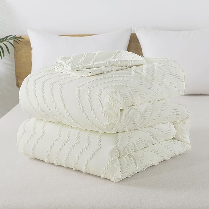 Andency Ivory Comforter Set King Size, Boho Soft Warm Tufted Bedding Comforter Sets for King Size Bed, 3 Pieces Aesthetic Chevron Farmhouse Cute Bohemian Textured Bedding Set