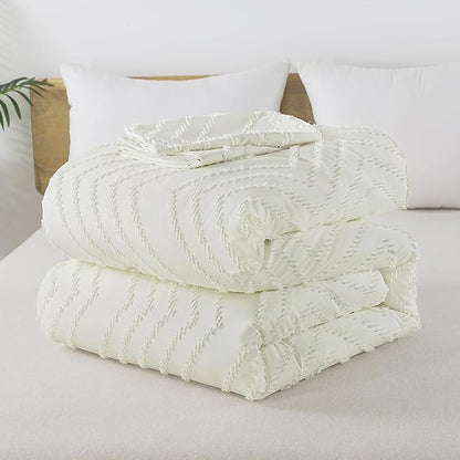 Andency Ivory Comforter Set King Size, Boho Soft Warm Tufted Bedding Comforter Sets for King Size Bed, 3 Pieces Aesthetic Chevron Farmhouse Cute Bohemian Textured Bedding Set