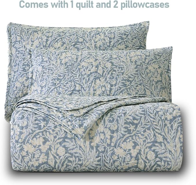 DURLENGEN Botanical Quilt Set King Size 3Pcs, Bluish Grey Printed with Beige Leaves Pattern,Soft Polyester Lightweight Bedspread for All Season Layering(King 106x96,Beige Botanical)