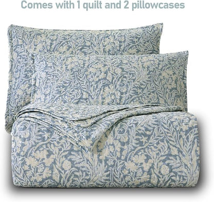 DURLENGEN Quilt Set Queen Size 3Pcs, Bluish Grey Printed with Beige Leaves Pattern,Soft Microfiber Lightweight Bedspread for All Season Layering(Queen 90x96,Beige Botanical)