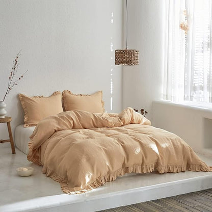Simple&Opulence 100% Linen Duvet Cover Set, 3 PCS Natural French Flax Sand Ruffle Duvet Cover Queen Size, Breathable Comfy Linen Bedding Comforter Cover with 2 Pillowcases (Sand, 88" X 92")