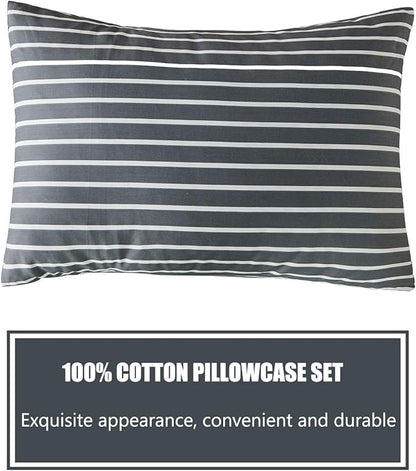 JELLYMONI 100% Natural Cotton 3pcs Striped Duvet Cover Sets, Dark Grey Duvet Cover with White Stripes Pattern Printed Comforter Cover, with Zipper Closure & Corner Ties(Full Size)