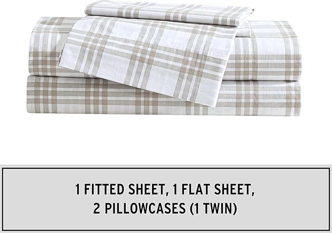 Eddie Bauer - Queen Sheet Set, Cotton Percale Bedding Set, Super Soft and Bedding Set, Oeko-Tex Certified (Basic Plaid Beige, Queen)