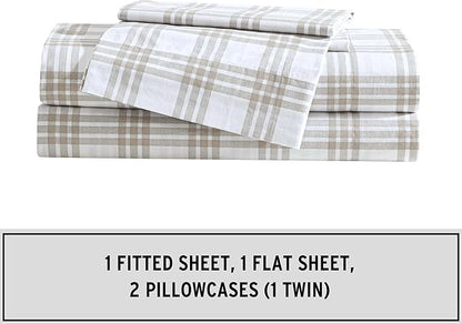 Eddie Bauer - Queen Sheet Set, Cotton Percale Bedding Set, Super Soft and Bedding Set, Oeko-Tex Certified (Basic Plaid Beige, Queen)