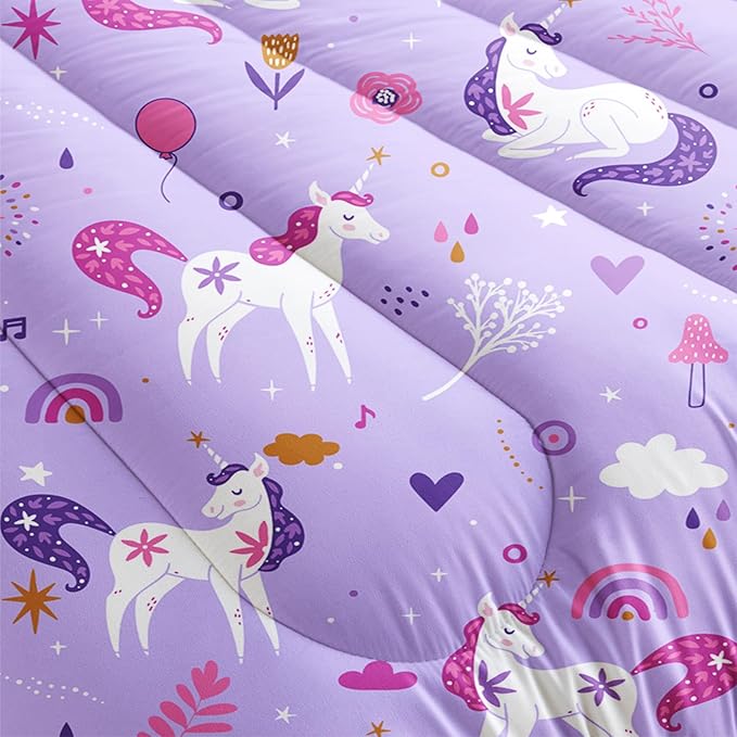 Unicorn 3 Piece Bedding Set King Size-Purple 3 Pieces Bedding Set for Kids, Unicorn Girls Comforter Set, Rainbow Clouds Star Quilt Set (1 Comforter 2 Pillowcase), All Seasons